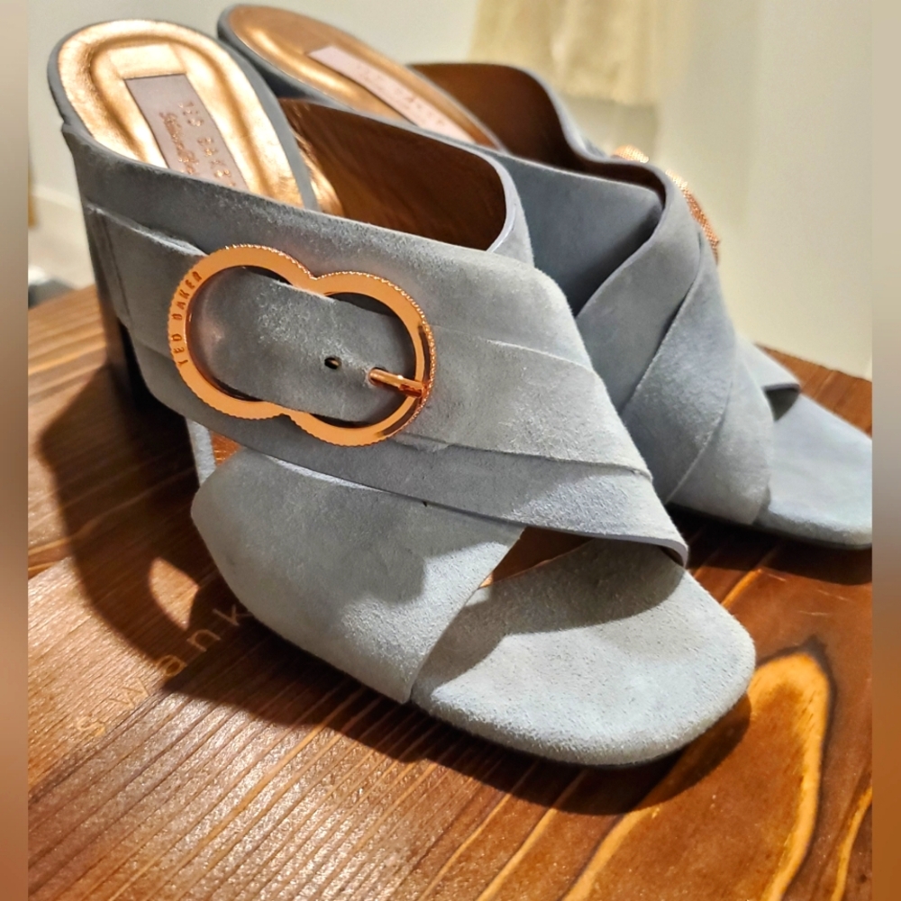 Ted Baker Robins Egg Blue & Rose Gold Suede Mules Sz.36.5